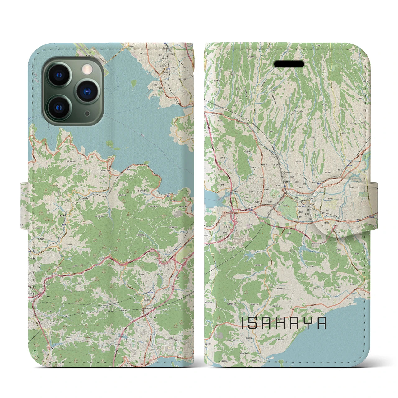 【諫早（長崎県）】地図柄iPhoneケース（手帳タイプ）ナチュラル・iPhone 11 Pro 用