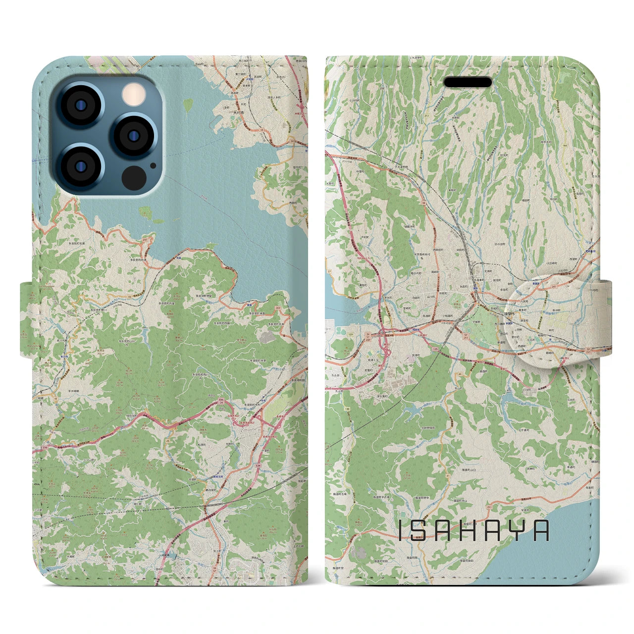 【諫早（長崎県）】地図柄iPhoneケース（手帳タイプ）ナチュラル・iPhone 12 / 12 Pro 用