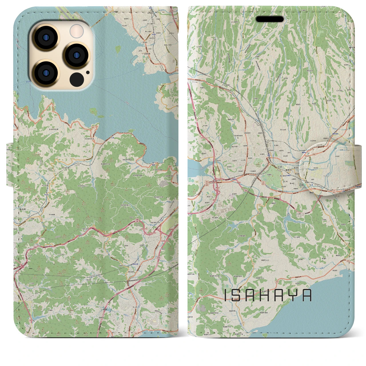 【諫早（長崎県）】地図柄iPhoneケース（手帳タイプ）ナチュラル・iPhone 12 Pro Max 用