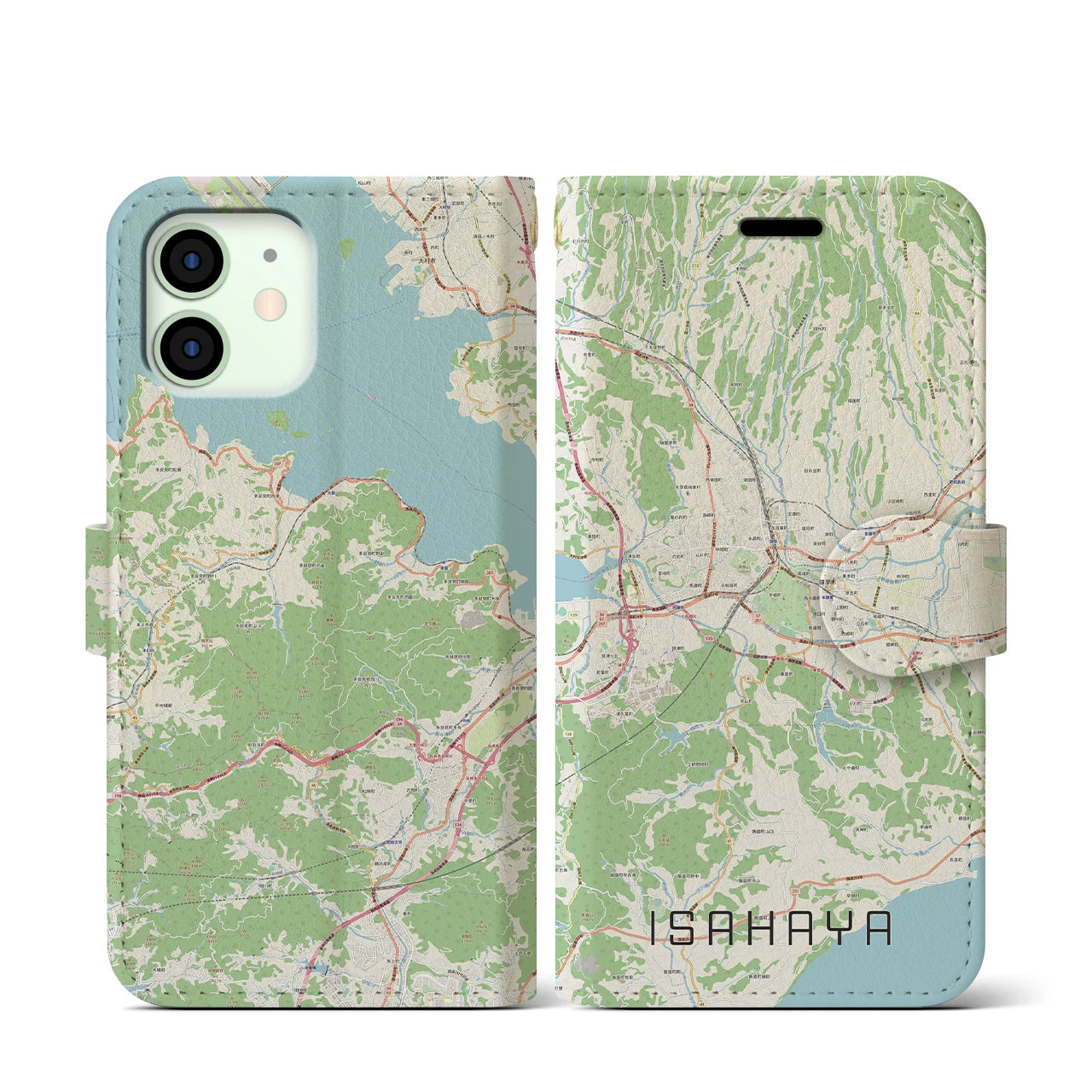 【諫早（長崎県）】地図柄iPhoneケース（手帳タイプ）ナチュラル・iPhone 12 mini 用