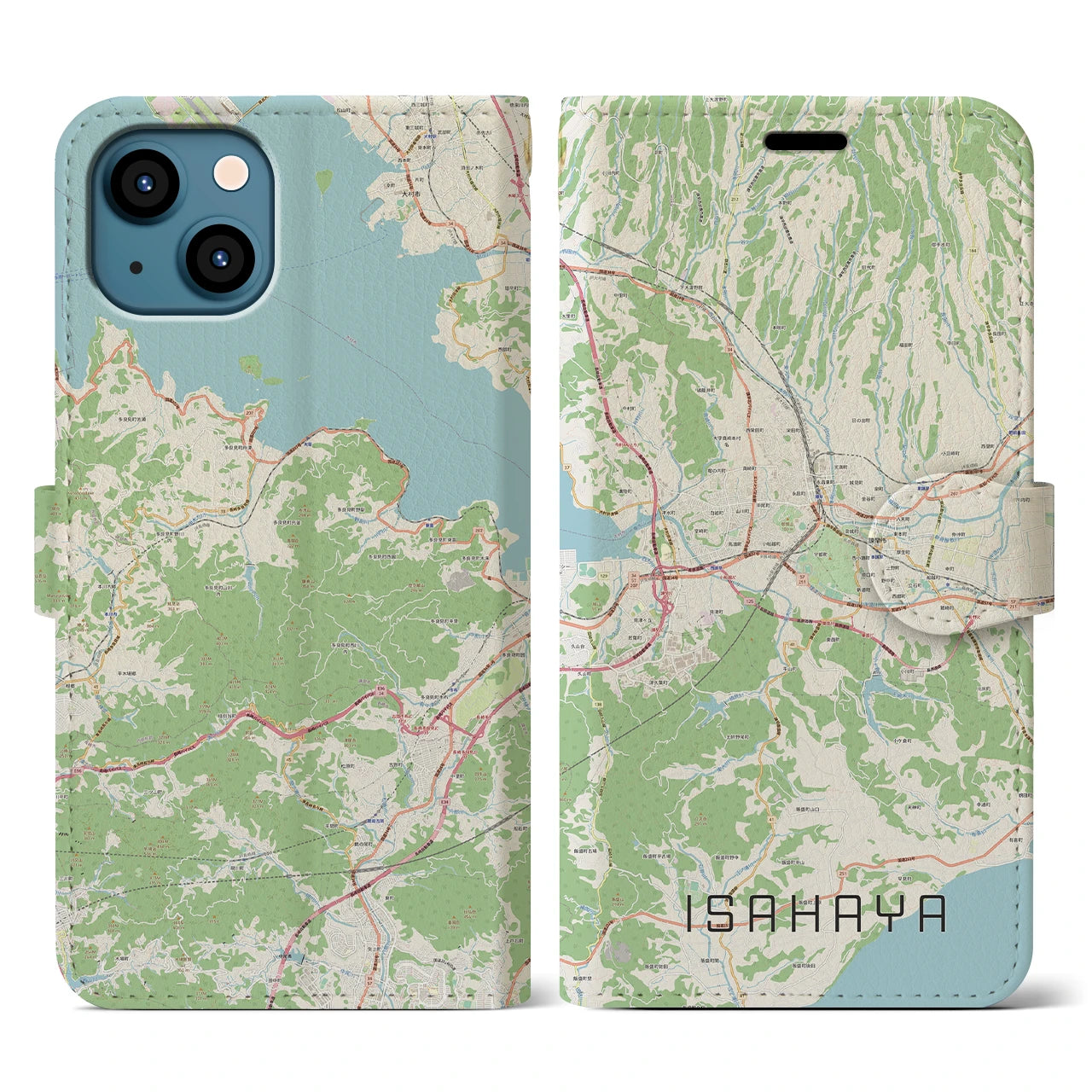 【諫早（長崎県）】地図柄iPhoneケース（手帳タイプ）ナチュラル・iPhone 13 用