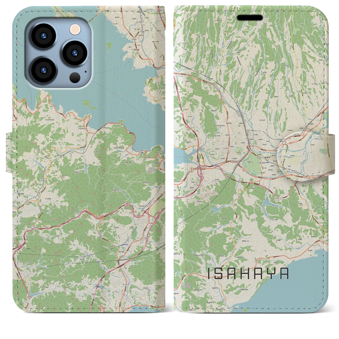 【諫早（長崎県）】地図柄iPhoneケース（手帳タイプ）ナチュラル・iPhone 13 Pro Max 用