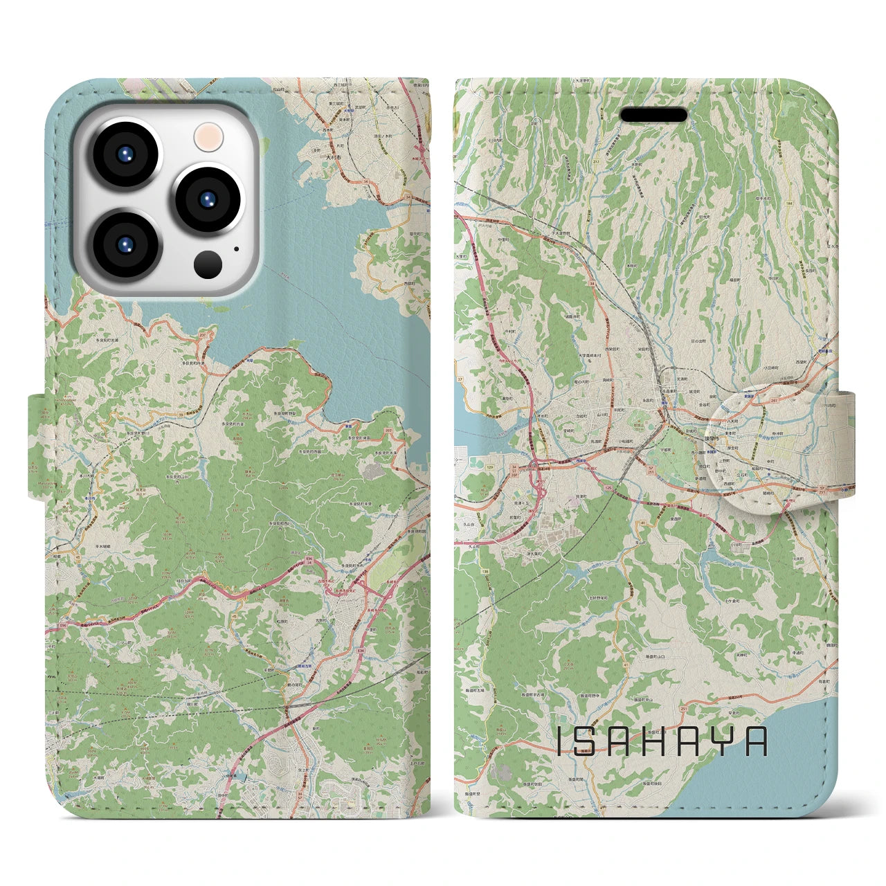 【諫早（長崎県）】地図柄iPhoneケース（手帳タイプ）ナチュラル・iPhone 13 Pro 用