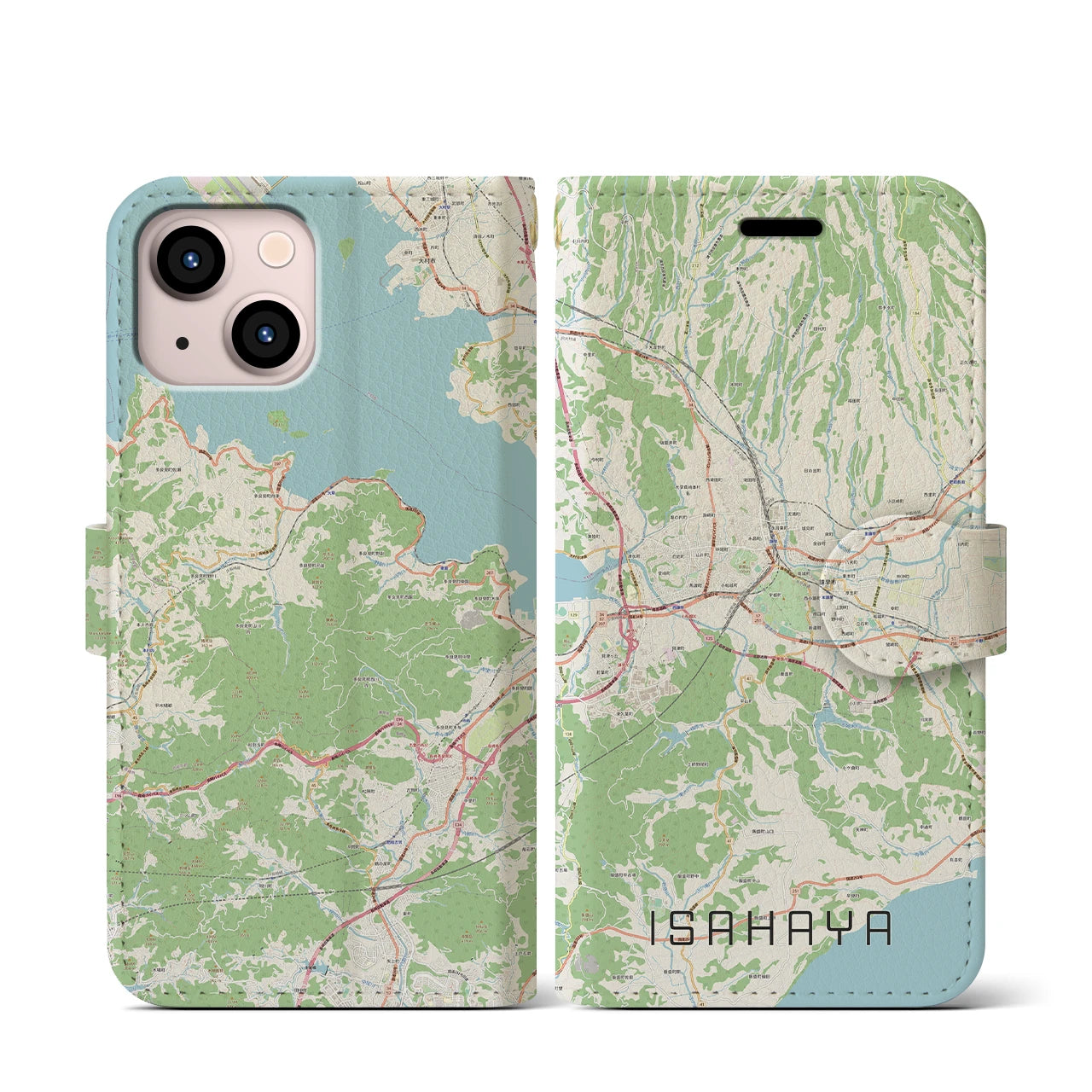 【諫早（長崎県）】地図柄iPhoneケース（手帳タイプ）ナチュラル・iPhone 13 mini 用