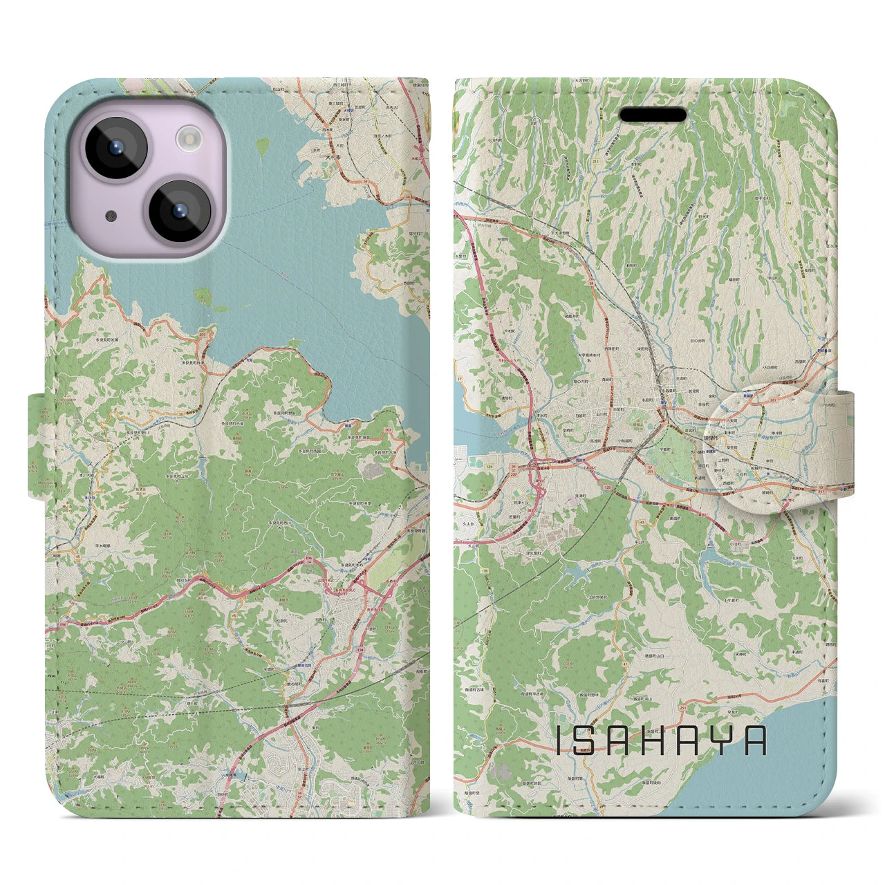 【諫早（長崎県）】地図柄iPhoneケース（手帳タイプ）ナチュラル・iPhone 14 用