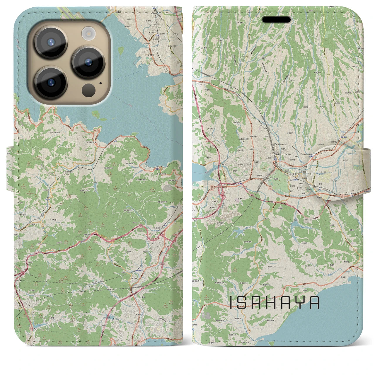 【諫早（長崎県）】地図柄iPhoneケース（手帳タイプ）ナチュラル・iPhone 14 Pro Max 用