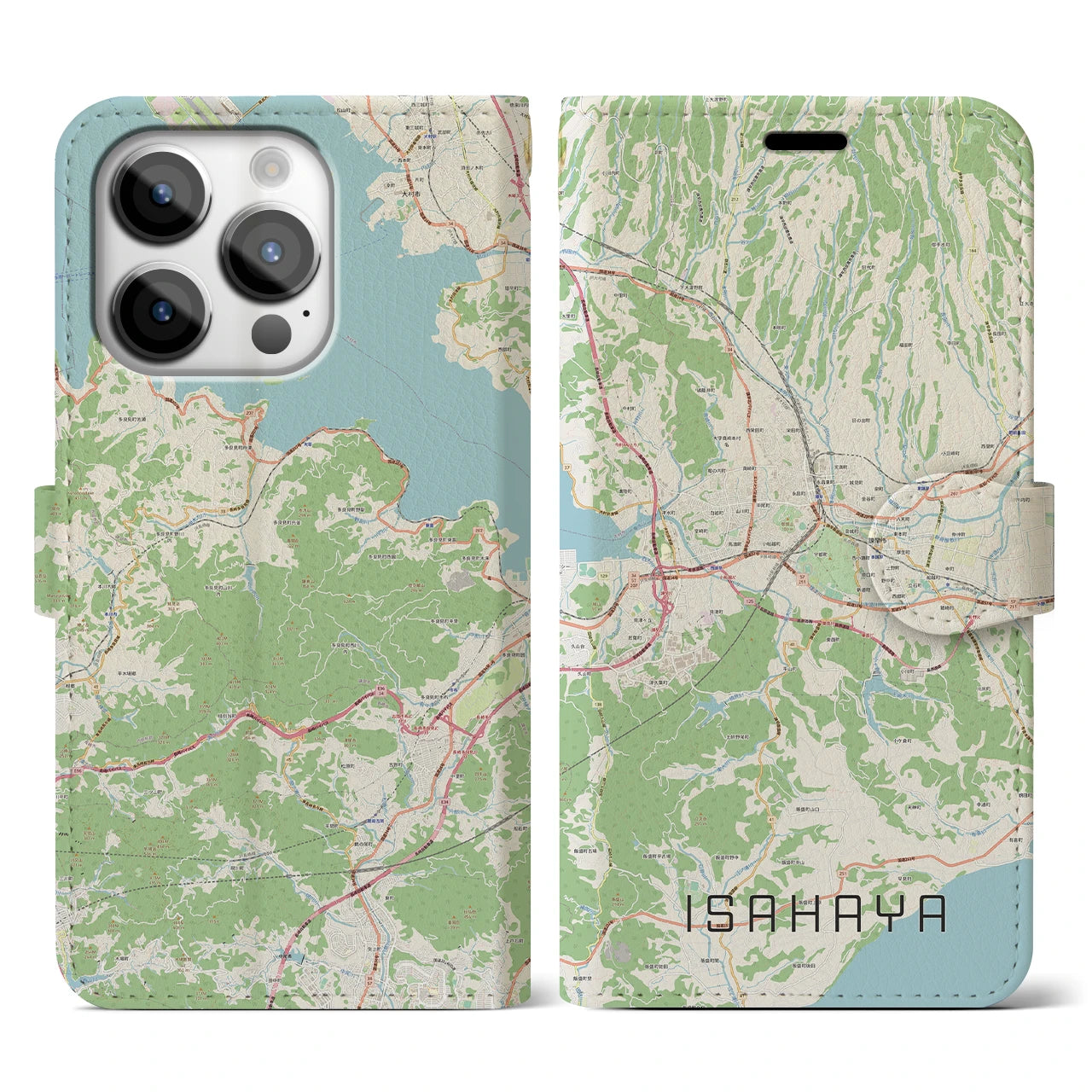 【諫早（長崎県）】地図柄iPhoneケース（手帳タイプ）ナチュラル・iPhone 14 Pro 用