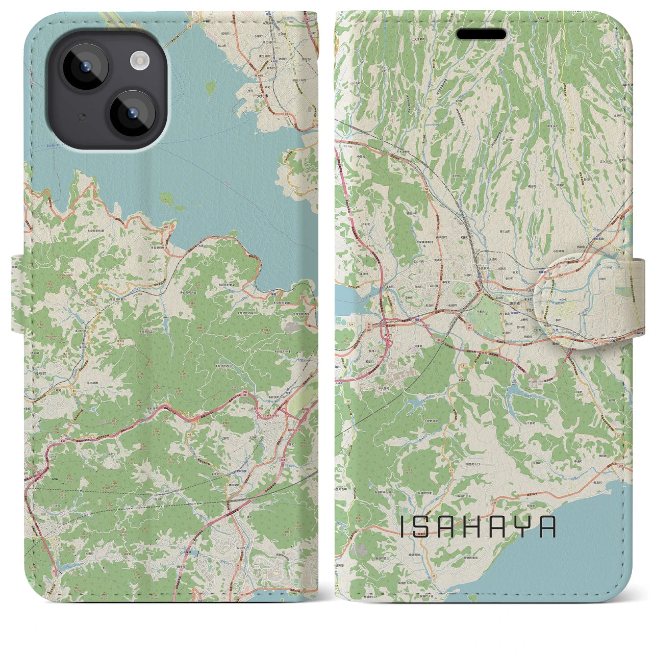 【諫早（長崎県）】地図柄iPhoneケース（手帳タイプ）ナチュラル・iPhone 14 Plus 用