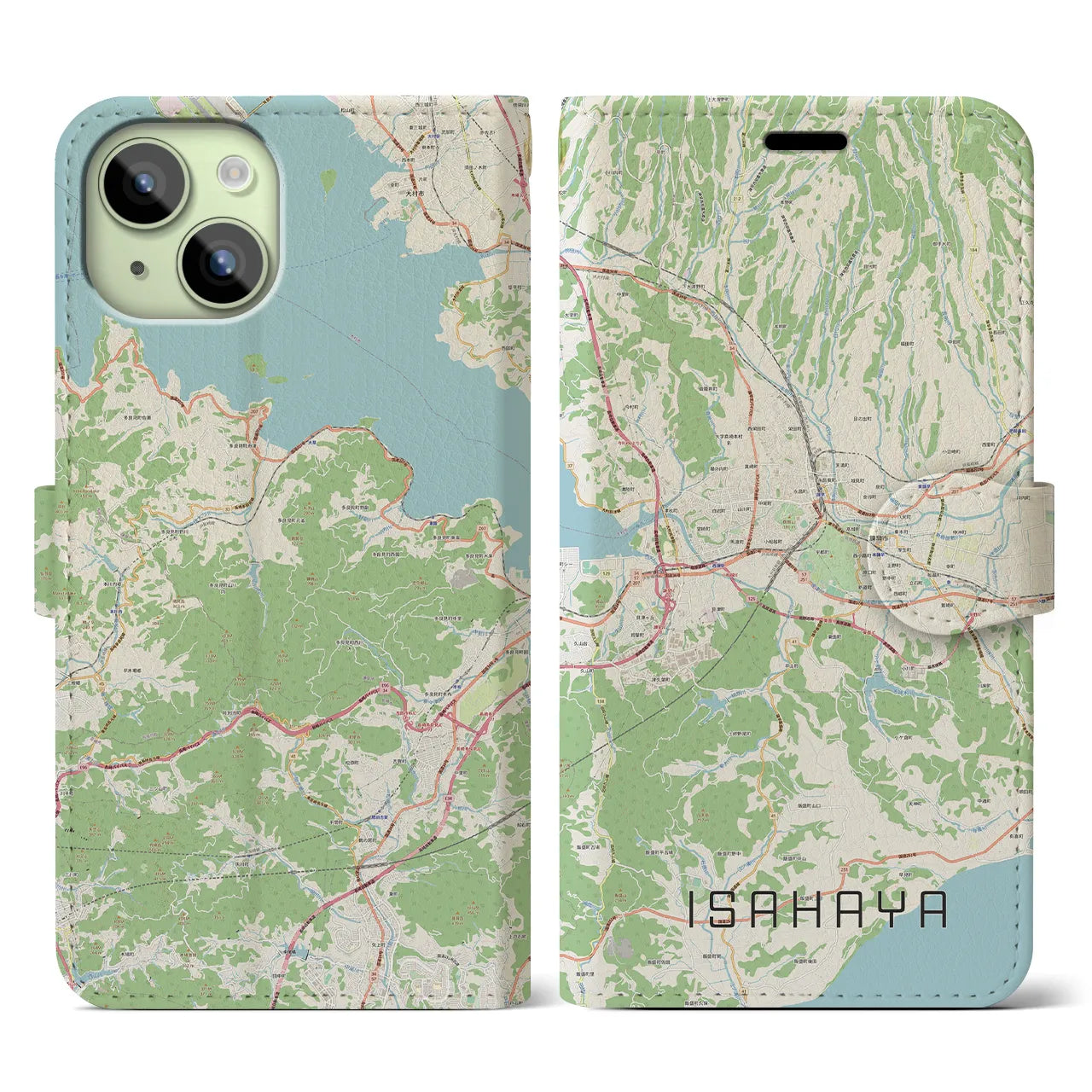 【諫早（長崎県）】地図柄iPhoneケース（手帳タイプ）ナチュラル・iPhone 15 用