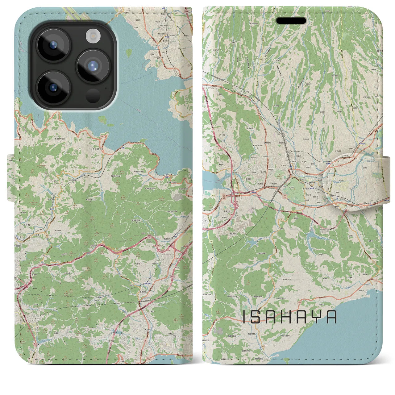 【諫早（長崎県）】地図柄iPhoneケース（手帳タイプ）ナチュラル・iPhone 15 Pro Max 用