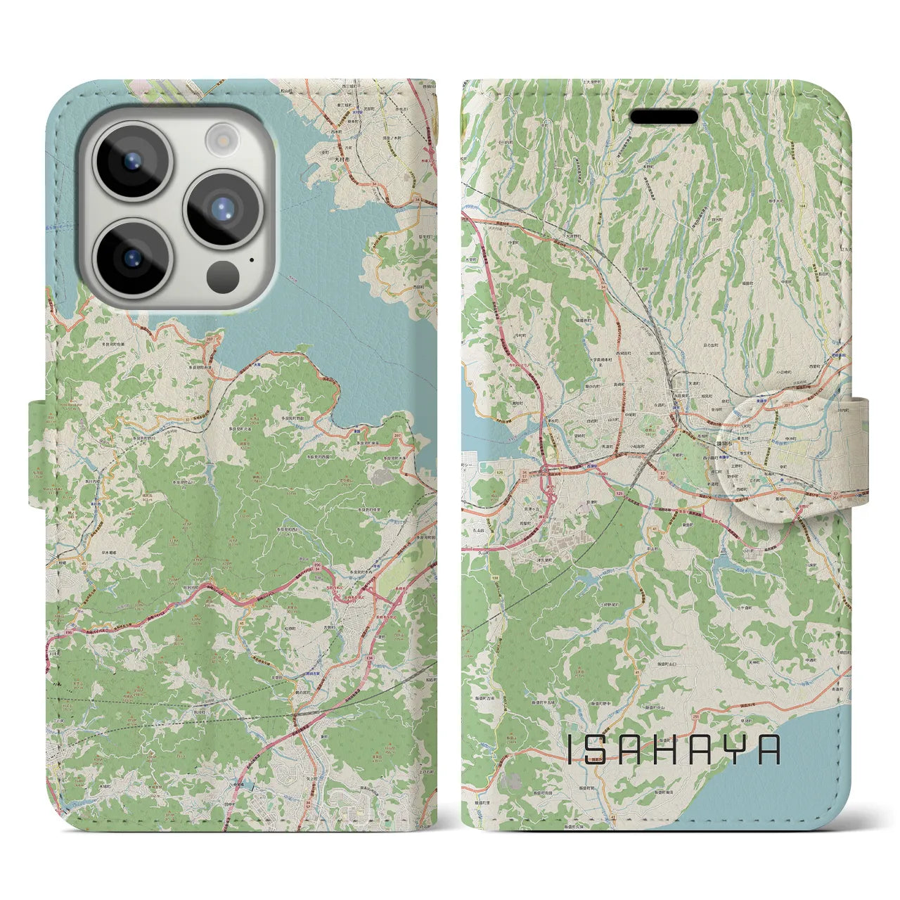 【諫早（長崎県）】地図柄iPhoneケース（手帳タイプ）ナチュラル・iPhone 15 Pro 用