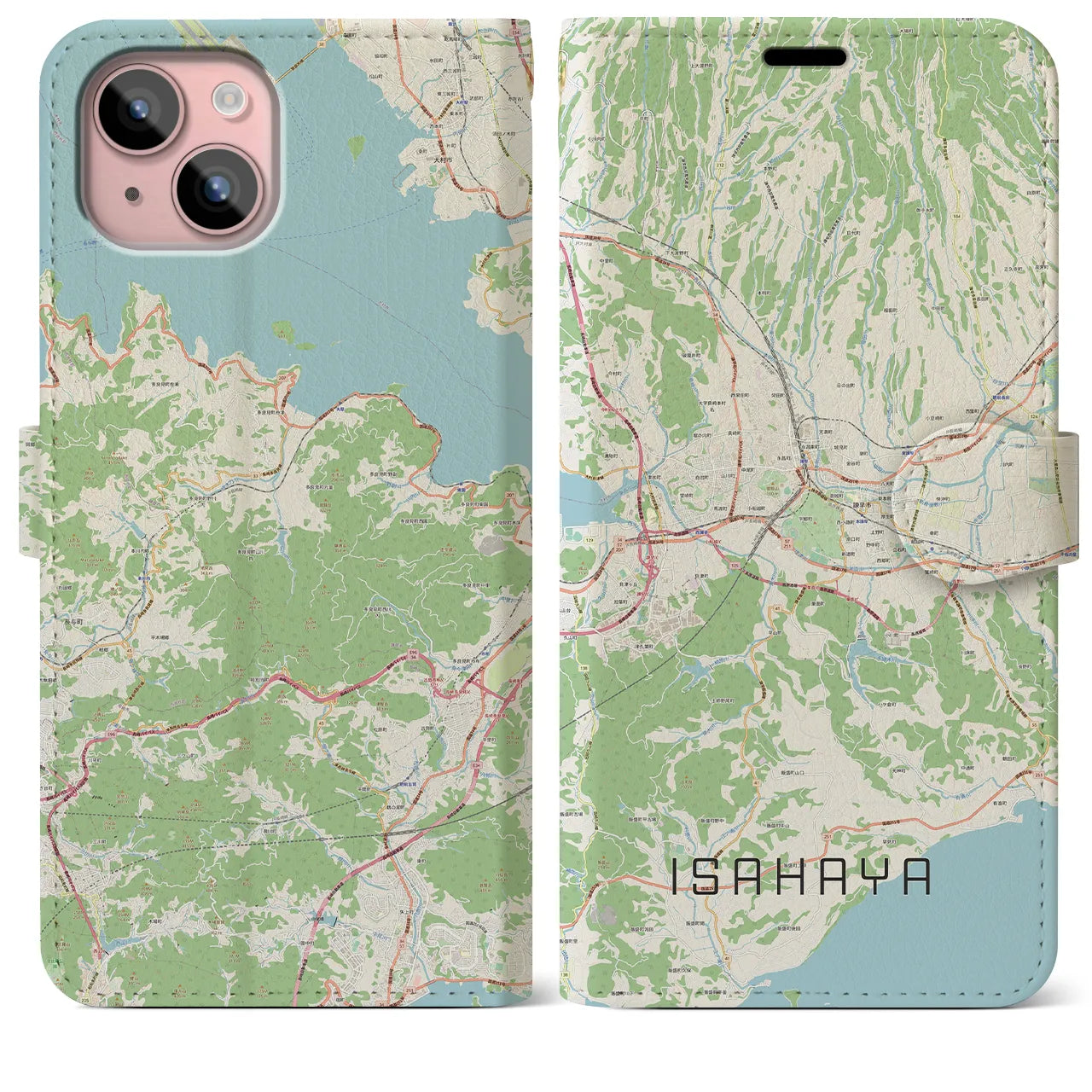 【諫早（長崎県）】地図柄iPhoneケース（手帳タイプ）ナチュラル・iPhone 15 Plus 用