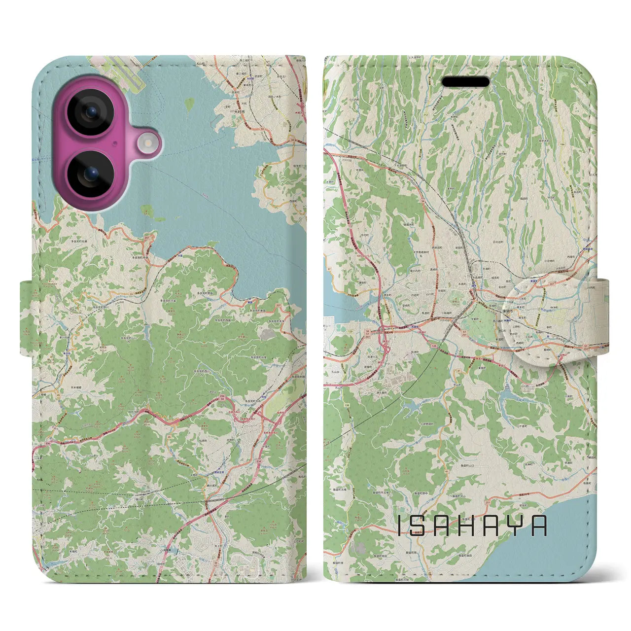 【諫早（長崎県）】地図柄iPhoneケース（手帳タイプ）ナチュラル・iPhone 16 Pro 用