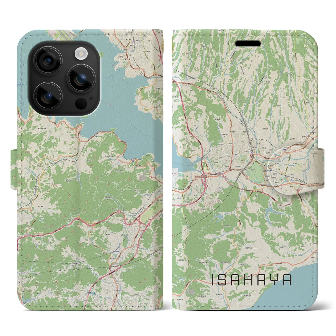 【諫早（長崎県）】地図柄iPhoneケース（手帳タイプ）ナチュラル・iPhone 16 用