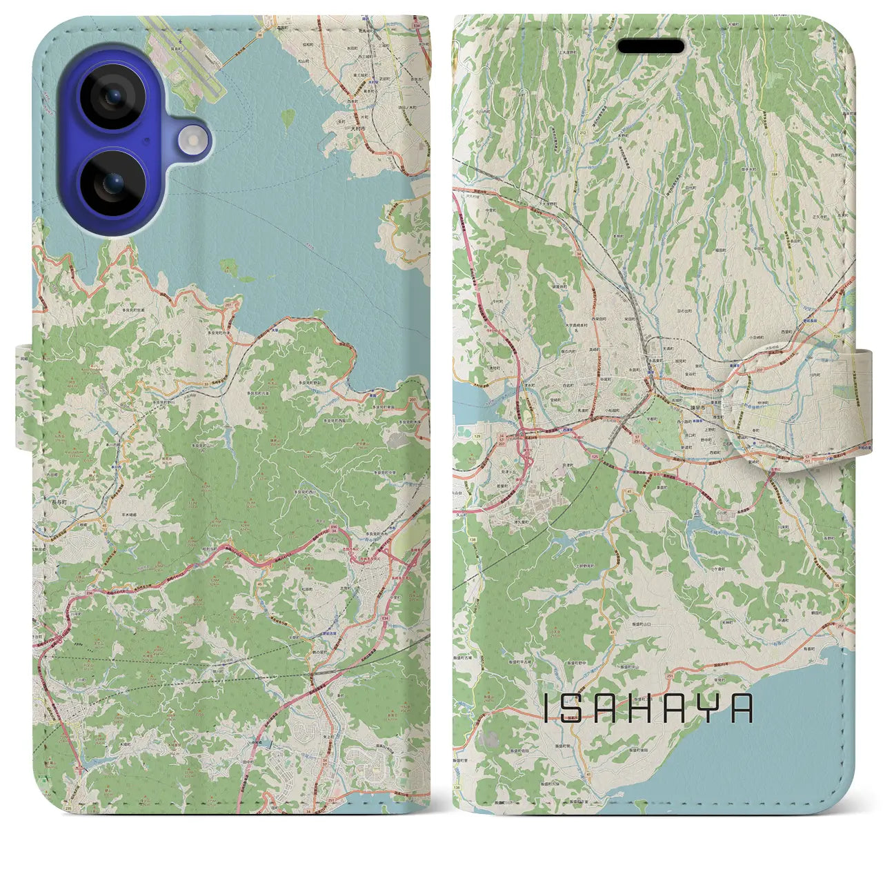 【諫早（長崎県）】地図柄iPhoneケース（手帳タイプ）ナチュラル・iPhone 16 Pro Max 用