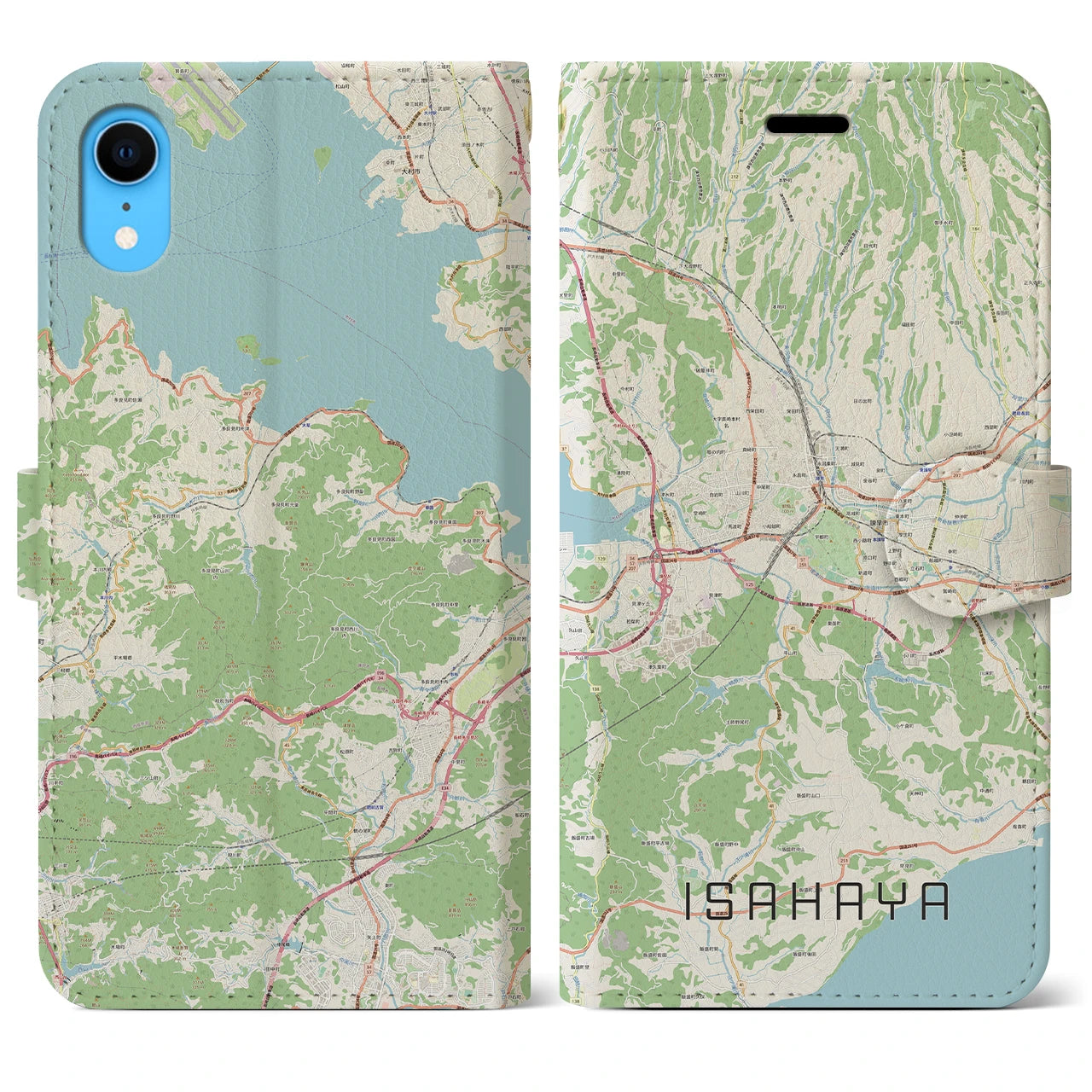 【諫早（長崎県）】地図柄iPhoneケース（手帳タイプ）ナチュラル・iPhone XR 用