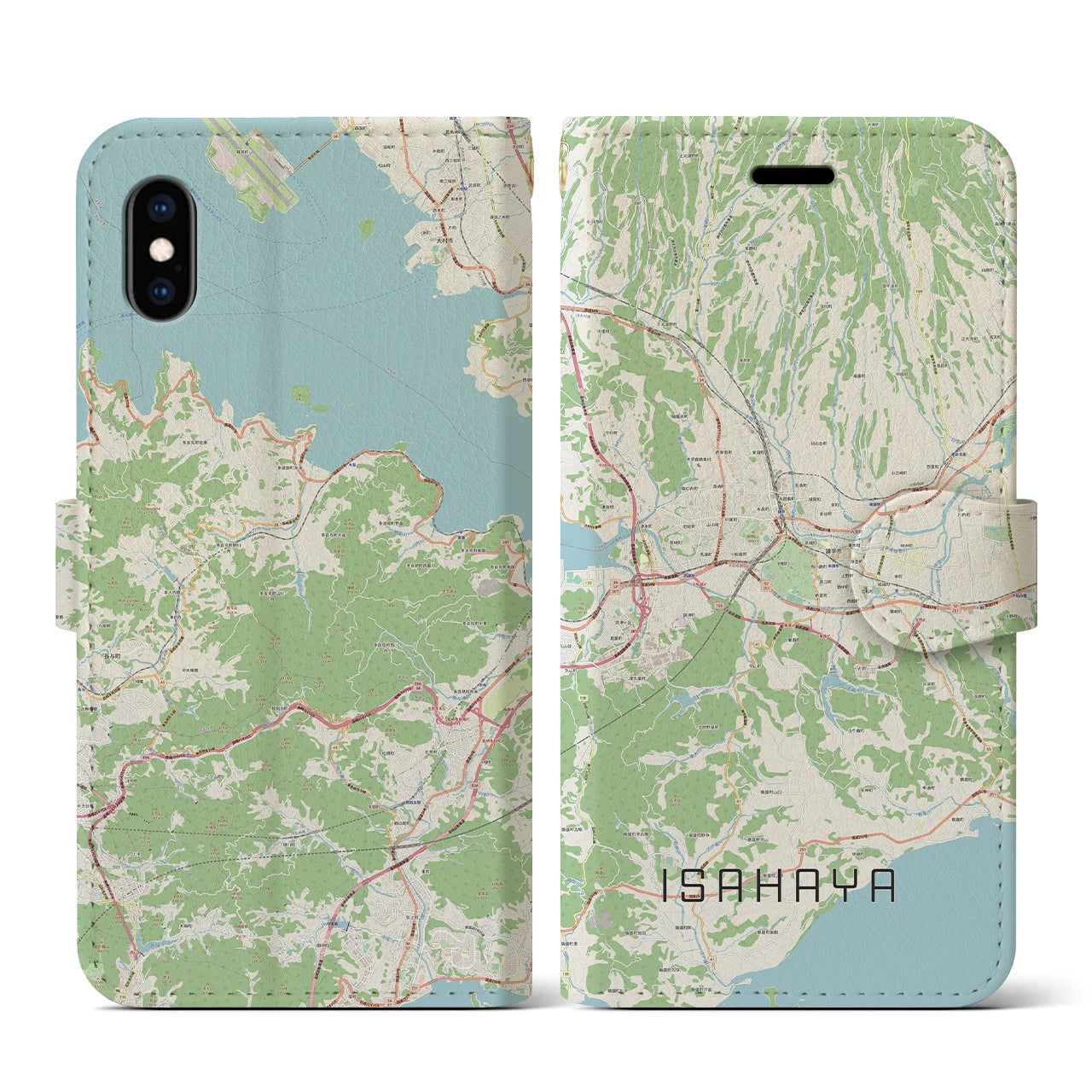 【諫早（長崎県）】地図柄iPhoneケース（手帳タイプ）ナチュラル・iPhone XS / X 用