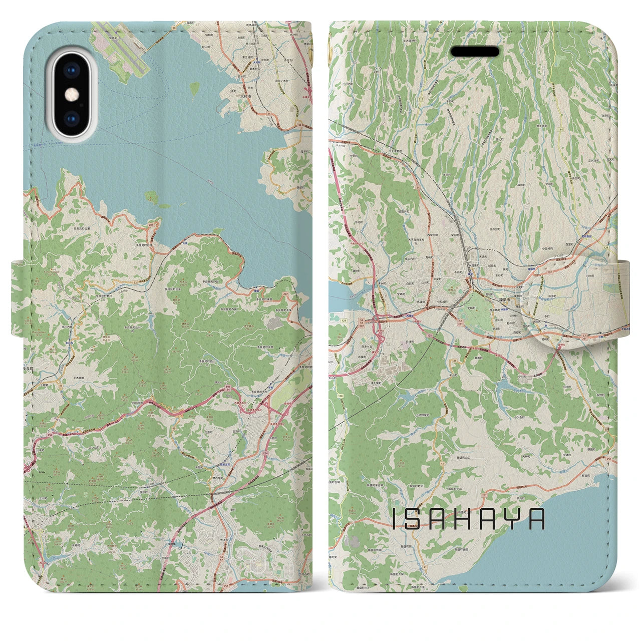 【諫早（長崎県）】地図柄iPhoneケース（手帳タイプ）ナチュラル・iPhone XS Max 用