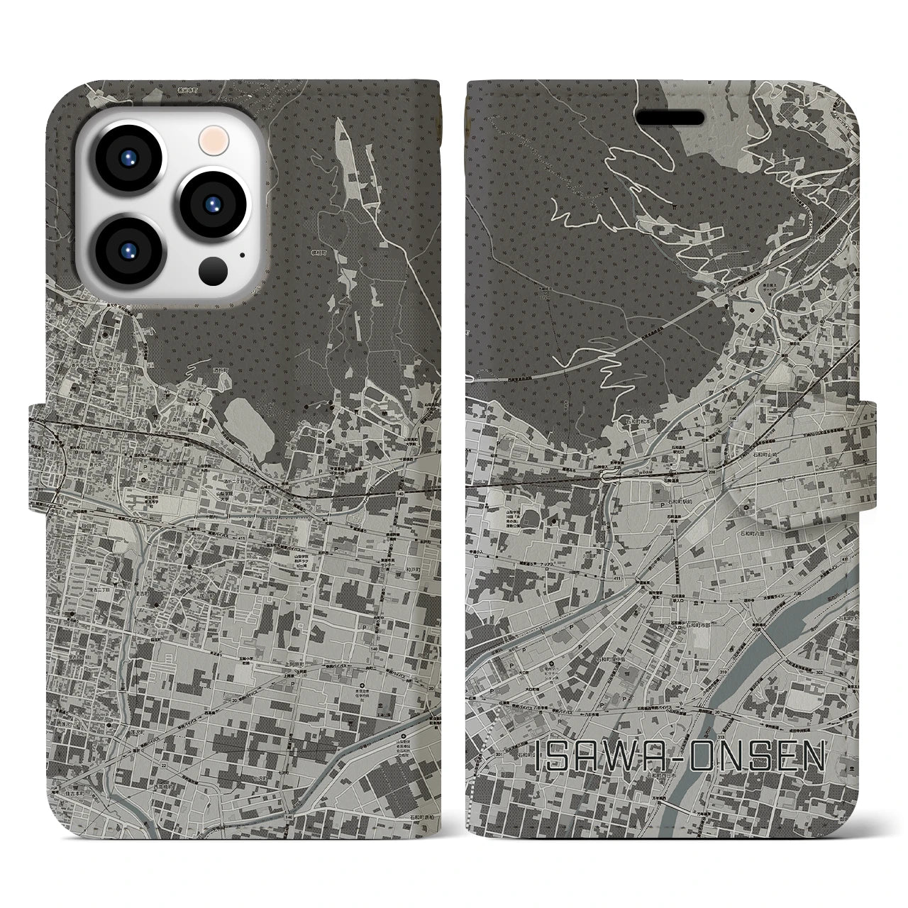 【石和温泉】地図柄iPhoneケース（手帳両面タイプ・モノトーン）iPhone 13 Pro 用