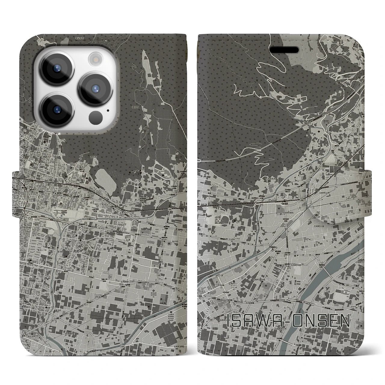 【石和温泉】地図柄iPhoneケース（手帳両面タイプ・モノトーン）iPhone 14 Pro 用