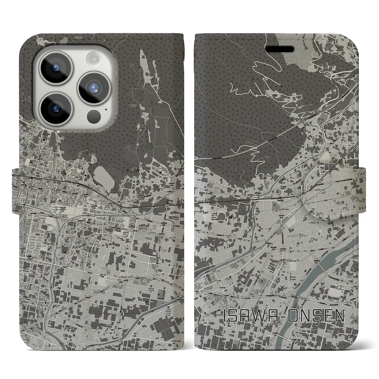 【石和温泉】地図柄iPhoneケース（手帳両面タイプ・モノトーン）iPhone 15 Pro 用