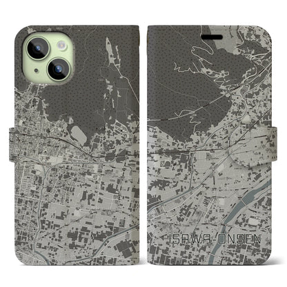 【石和温泉（山梨県）】地図柄iPhoneケース（手帳タイプ）モノトーン・iPhone 15 用