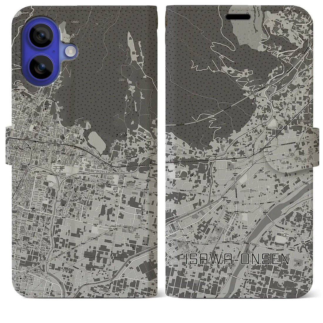 【石和温泉(山梨県)】地図柄iPhoneケース(手帳タイプ)モノトーン・iPhone 16 Pro Max 用