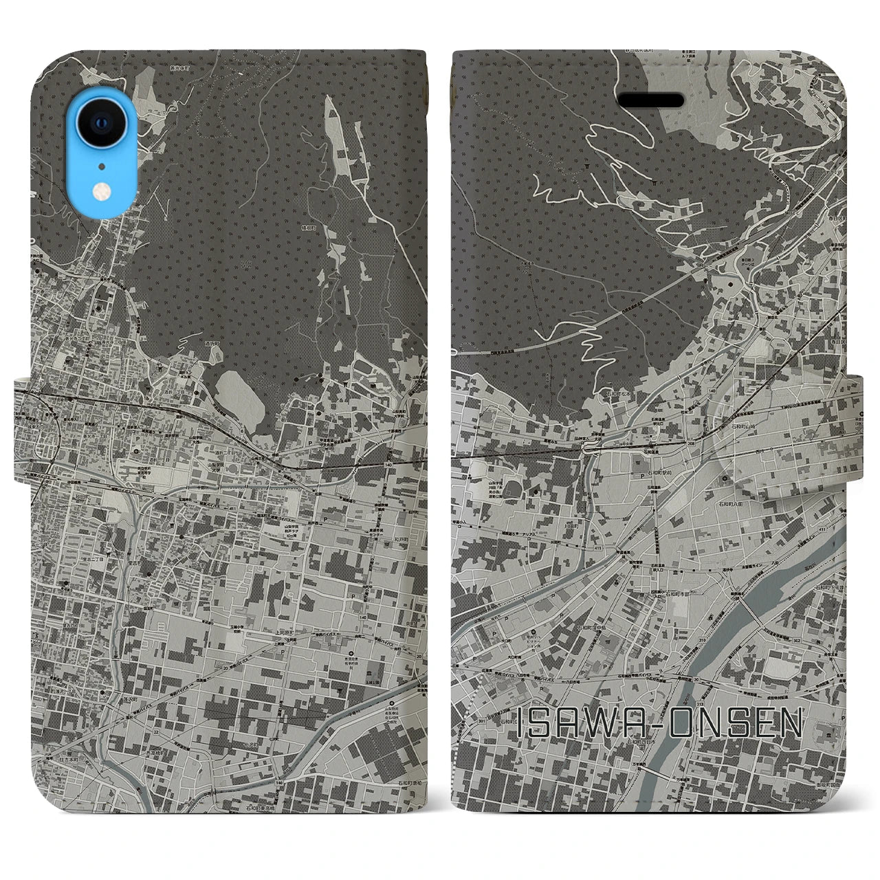 【石和温泉】地図柄iPhoneケース（手帳両面タイプ・モノトーン）iPhone XR 用