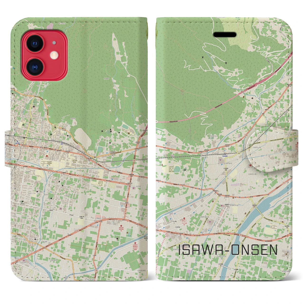 【石和温泉（山梨県）】地図柄iPhoneケース（手帳タイプ）ナチュラル・iPhone 11 用