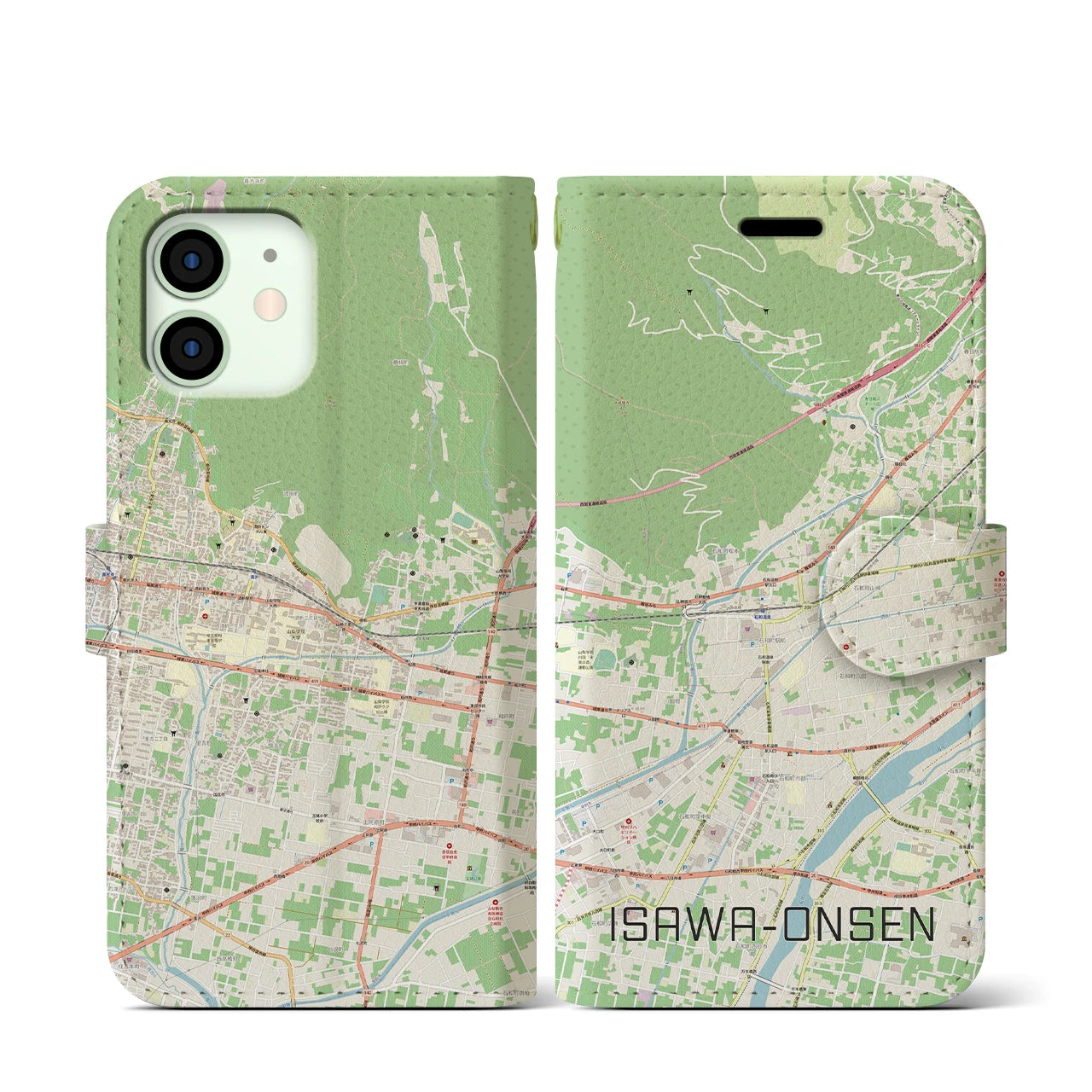 【石和温泉（山梨県）】地図柄iPhoneケース（手帳タイプ）ナチュラル・iPhone 12 mini 用