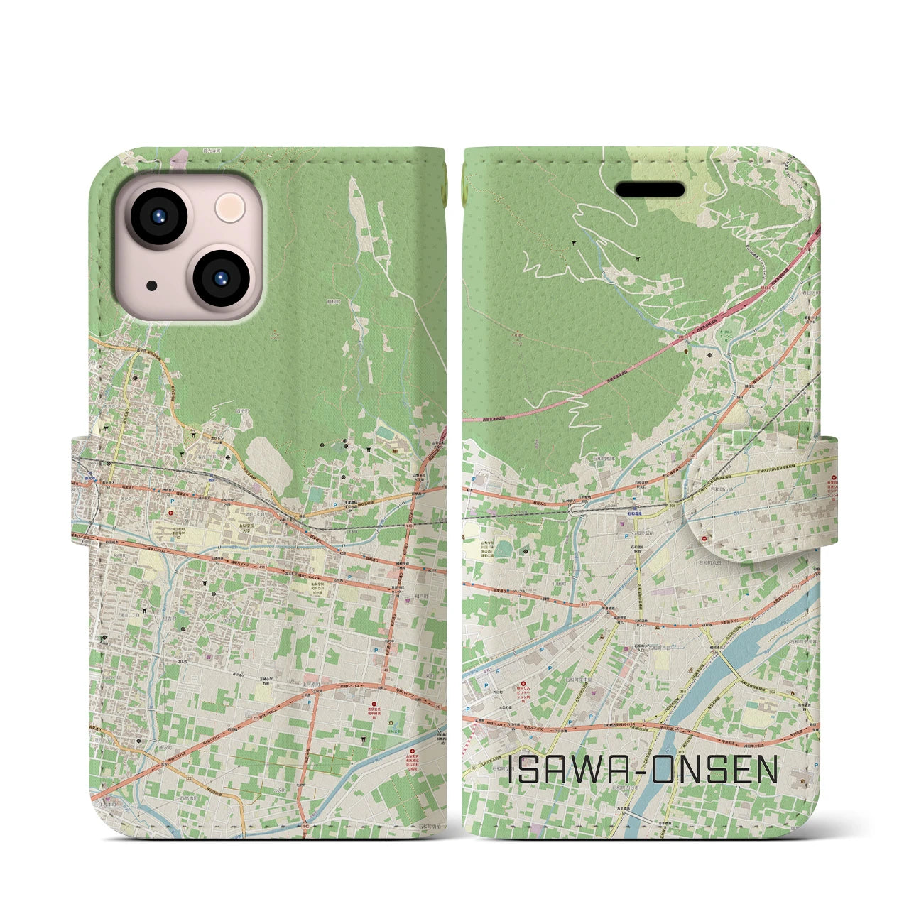 【石和温泉（山梨県）】地図柄iPhoneケース（手帳タイプ）ナチュラル・iPhone 13 mini 用