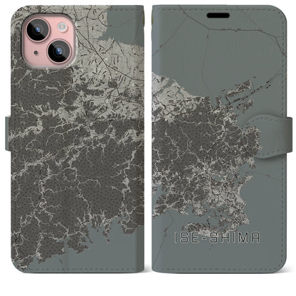 【伊勢志摩（三重県）】地図柄iPhoneケース（手帳タイプ）モノトーン・iPhone 15 Plus 用
