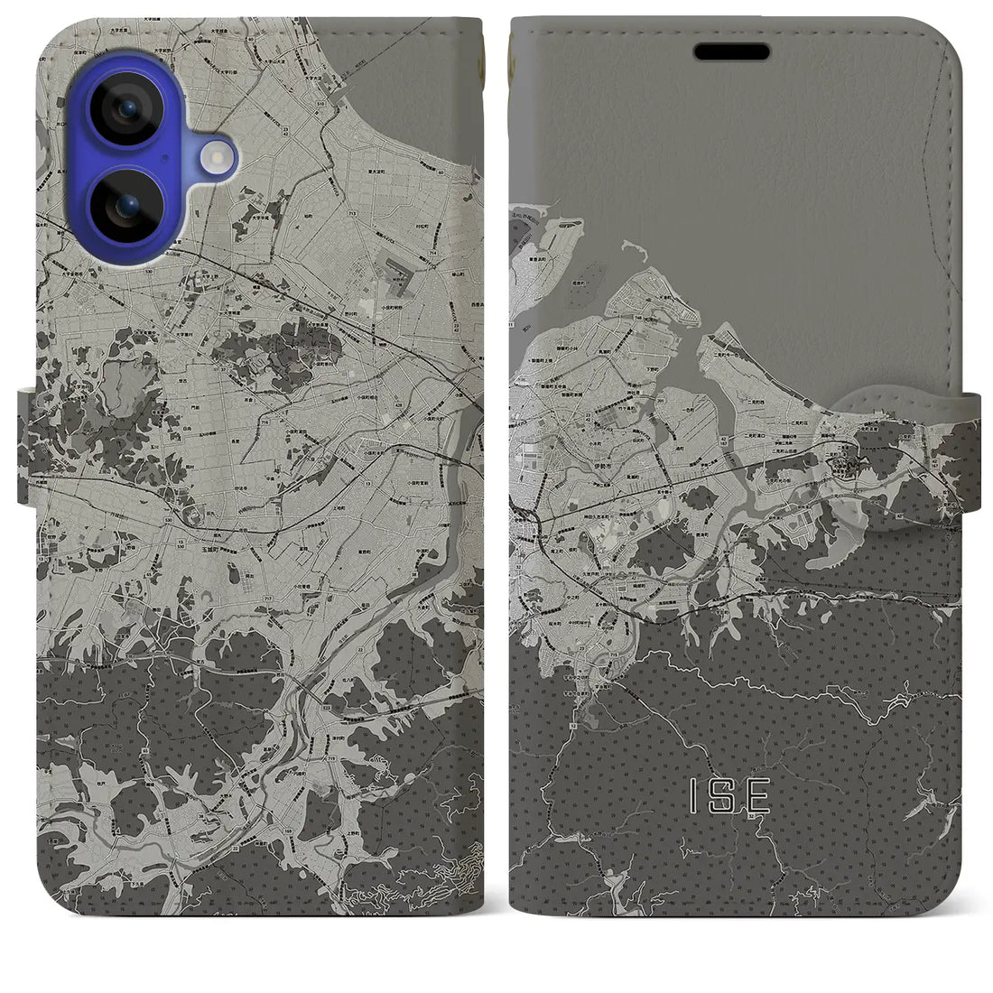 【伊勢(三重県)】地図柄iPhoneケース(手帳タイプ)モノトーン・iPhone 16 Pro Max 用