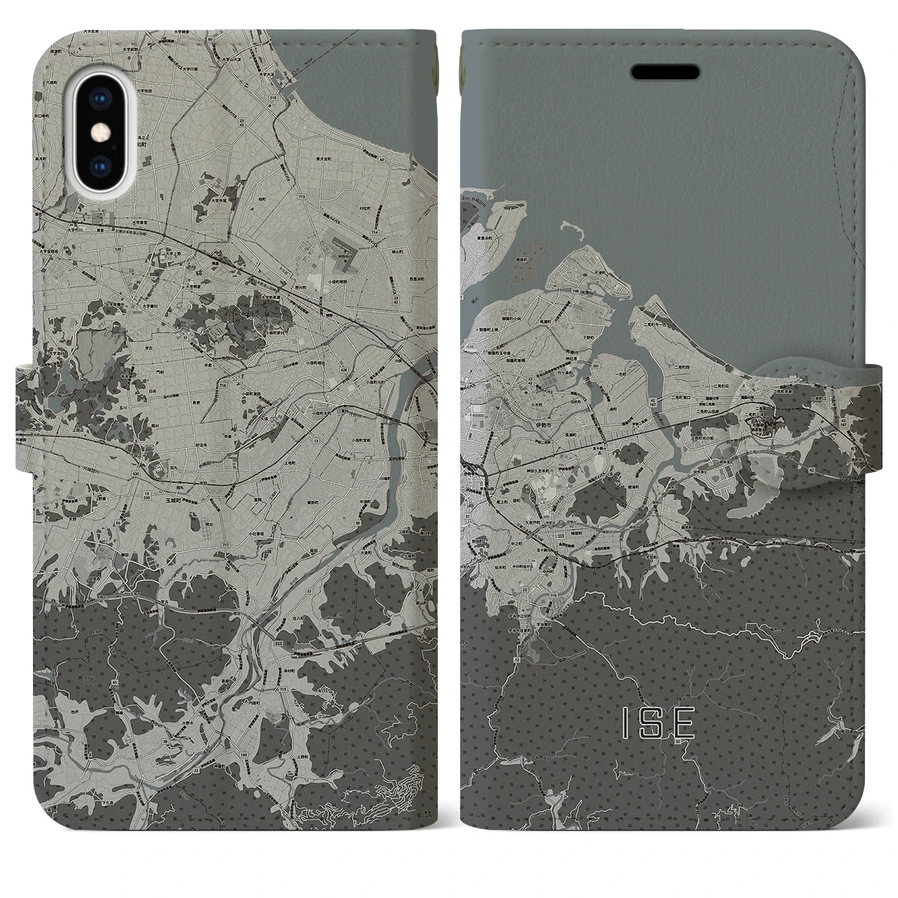 【伊勢（三重県）】地図柄iPhoneケース（手帳タイプ）モノトーン・iPhone XS Max 用