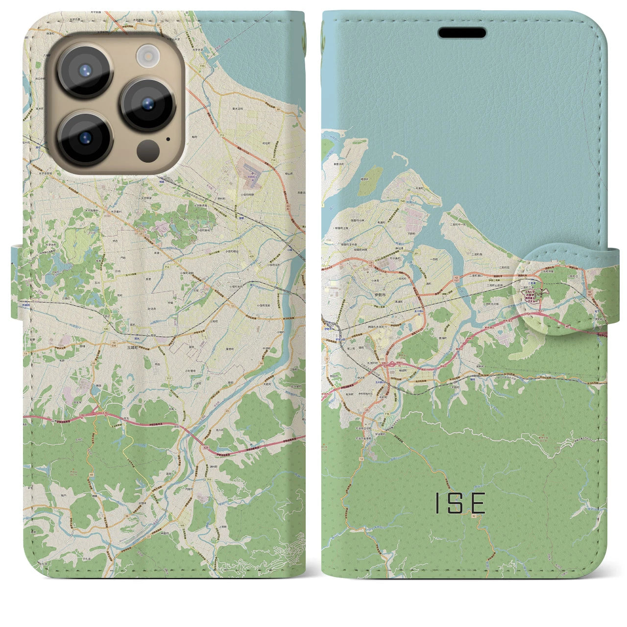 【伊勢（三重県）】地図柄iPhoneケース（手帳タイプ）ナチュラル・iPhone 14 Pro Max 用