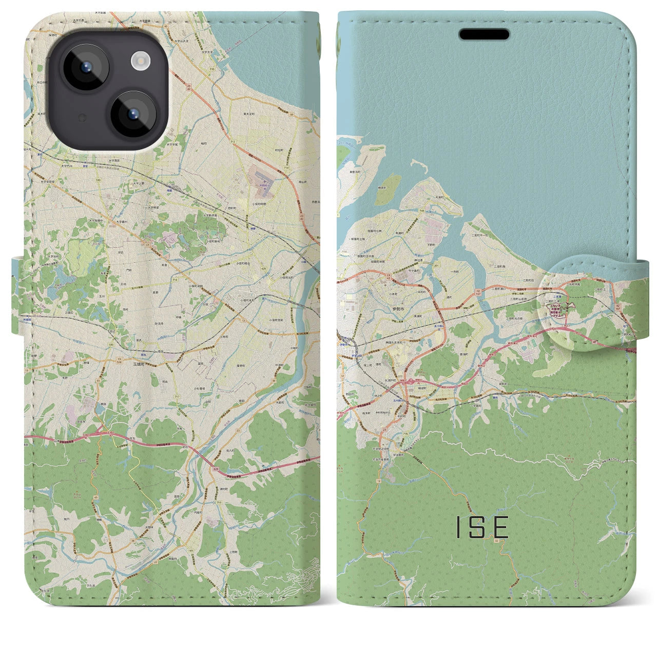 【伊勢（三重県）】地図柄iPhoneケース（手帳タイプ）ナチュラル・iPhone 14 Plus 用