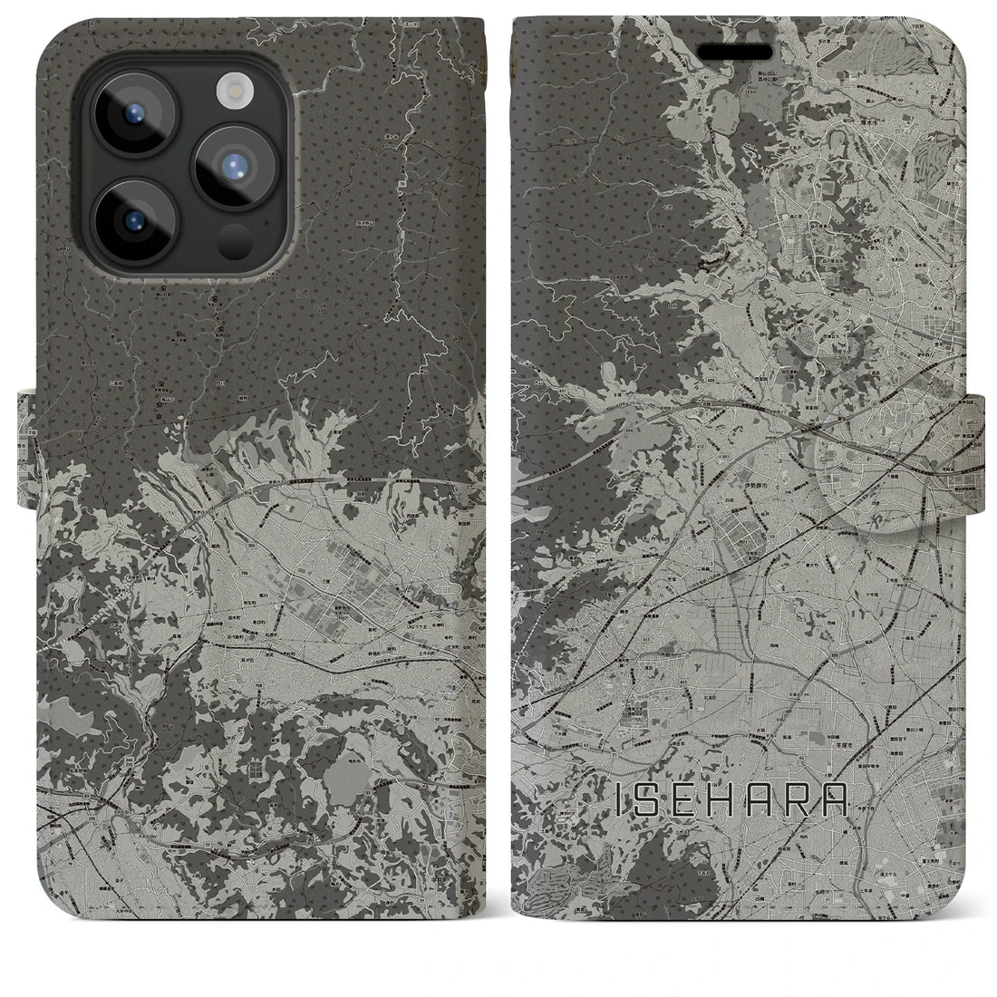 【伊勢原(神奈川県)】地図柄iPhoneケース(手帳タイプ)モノトーン・iPhone 15 Pro Max 用