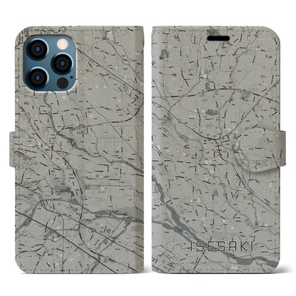 【伊勢崎（群馬県）】地図柄iPhoneケース（手帳タイプ）モノトーン・iPhone 12 / 12 Pro 用