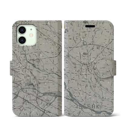 【伊勢崎（群馬県）】地図柄iPhoneケース（手帳タイプ）モノトーン・iPhone 12 mini 用