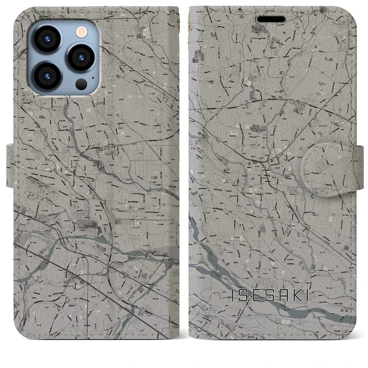 【伊勢崎】地図柄iPhoneケース（手帳両面タイプ・モノトーン）iPhone 13 Pro Max 用
