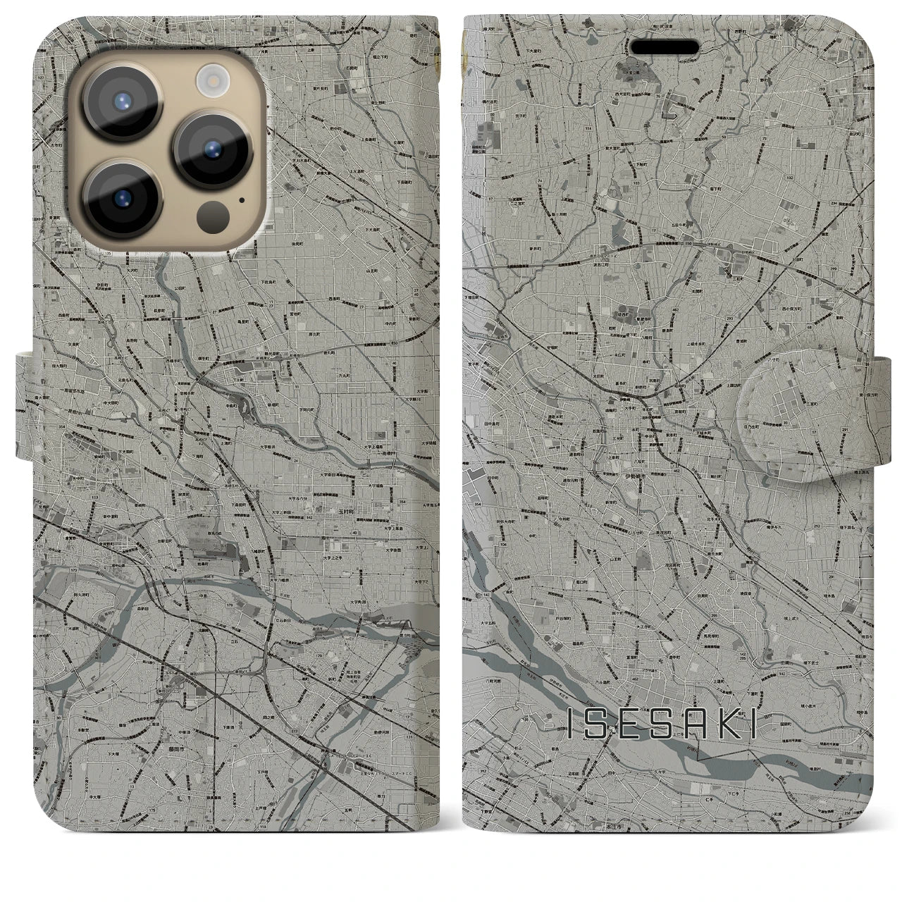 【伊勢崎】地図柄iPhoneケース（手帳両面タイプ・モノトーン）iPhone 14 Pro Max 用