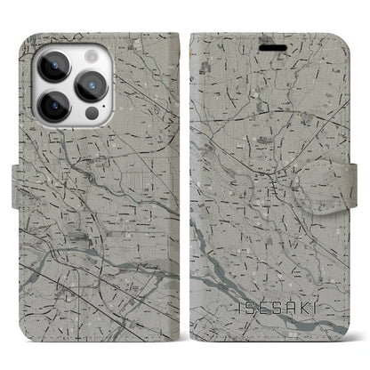 【伊勢崎（群馬県）】地図柄iPhoneケース（手帳タイプ）モノトーン・iPhone 14 Pro 用