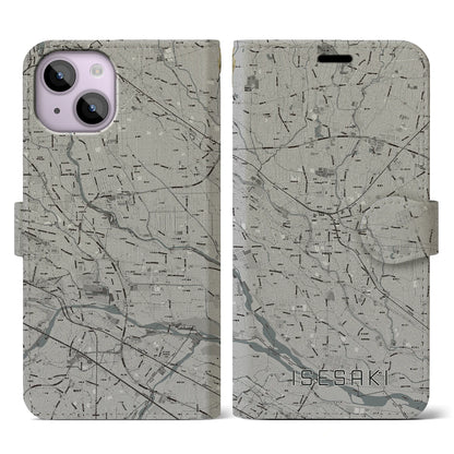 【伊勢崎（群馬県）】地図柄iPhoneケース（手帳タイプ）モノトーン・iPhone 14 用