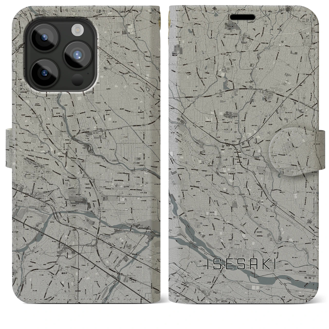 【伊勢崎】地図柄iPhoneケース（手帳両面タイプ・モノトーン）iPhone 15 Pro Max 用
