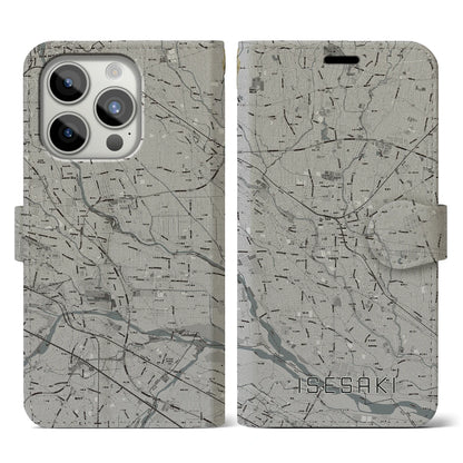 【伊勢崎（群馬県）】地図柄iPhoneケース（手帳タイプ）モノトーン・iPhone 15 Pro 用