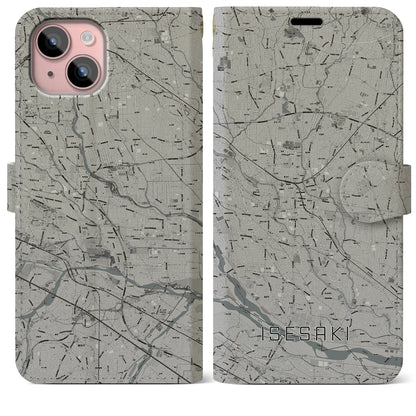 【伊勢崎（群馬県）】地図柄iPhoneケース（手帳タイプ）モノトーン・iPhone 15 Plus 用