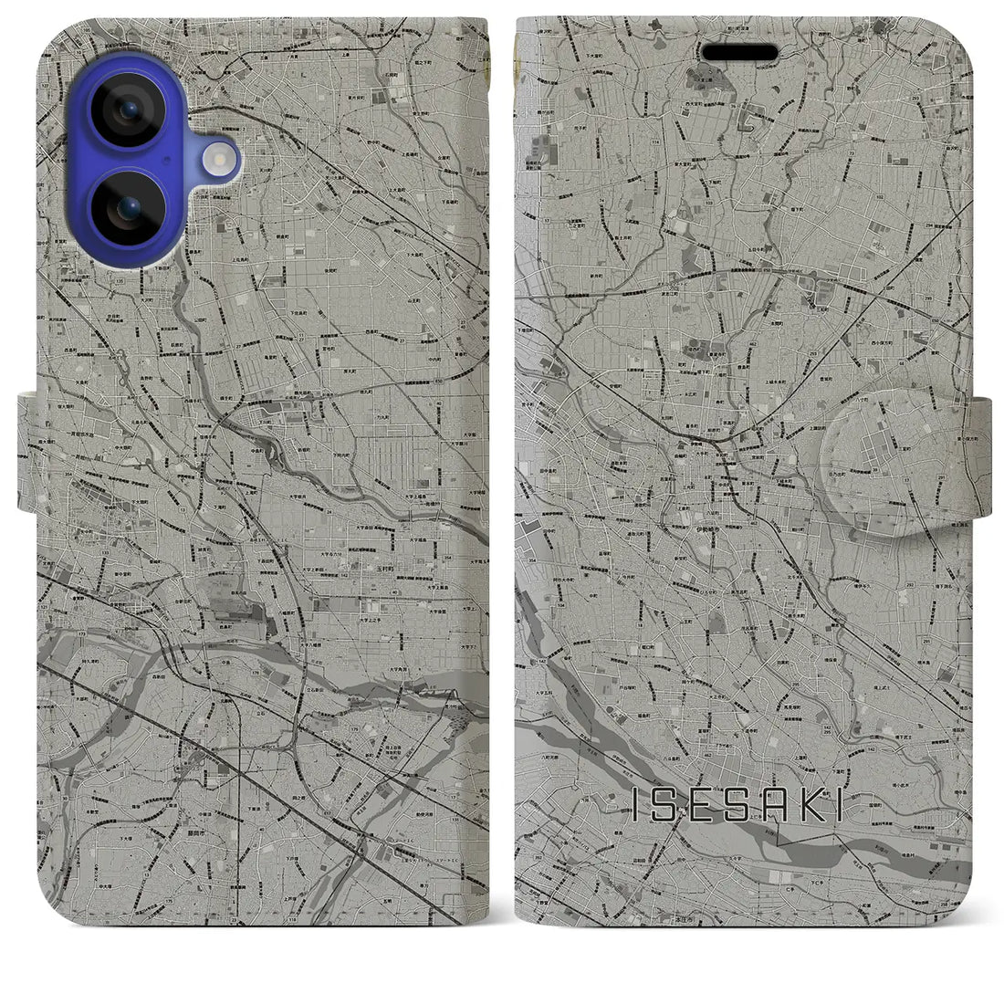【伊勢崎(群馬県)】地図柄iPhoneケース(手帳タイプ)モノトーン・iPhone 16 Pro Max 用