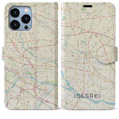【伊勢崎（群馬県）】地図柄iPhoneケース（手帳タイプ）ナチュラル・iPhone 13 Pro Max 用