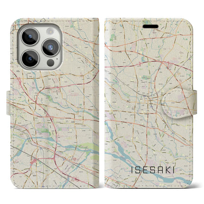 【伊勢崎（群馬県）】地図柄iPhoneケース（手帳タイプ）ナチュラル・iPhone 15 Pro 用