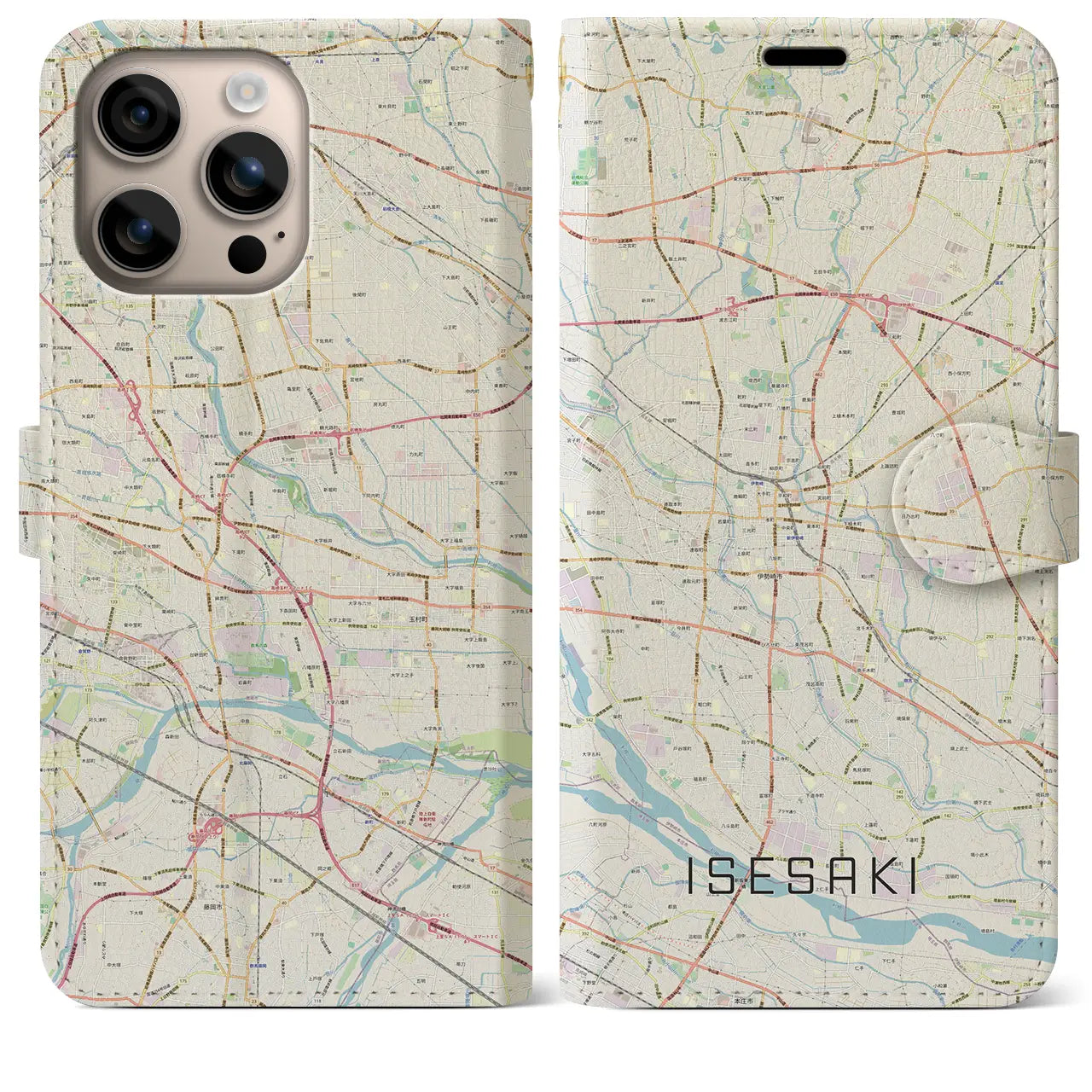 【伊勢崎（群馬県）】地図柄iPhoneケース（手帳タイプ）ナチュラル・iPhone 16 Plus 用